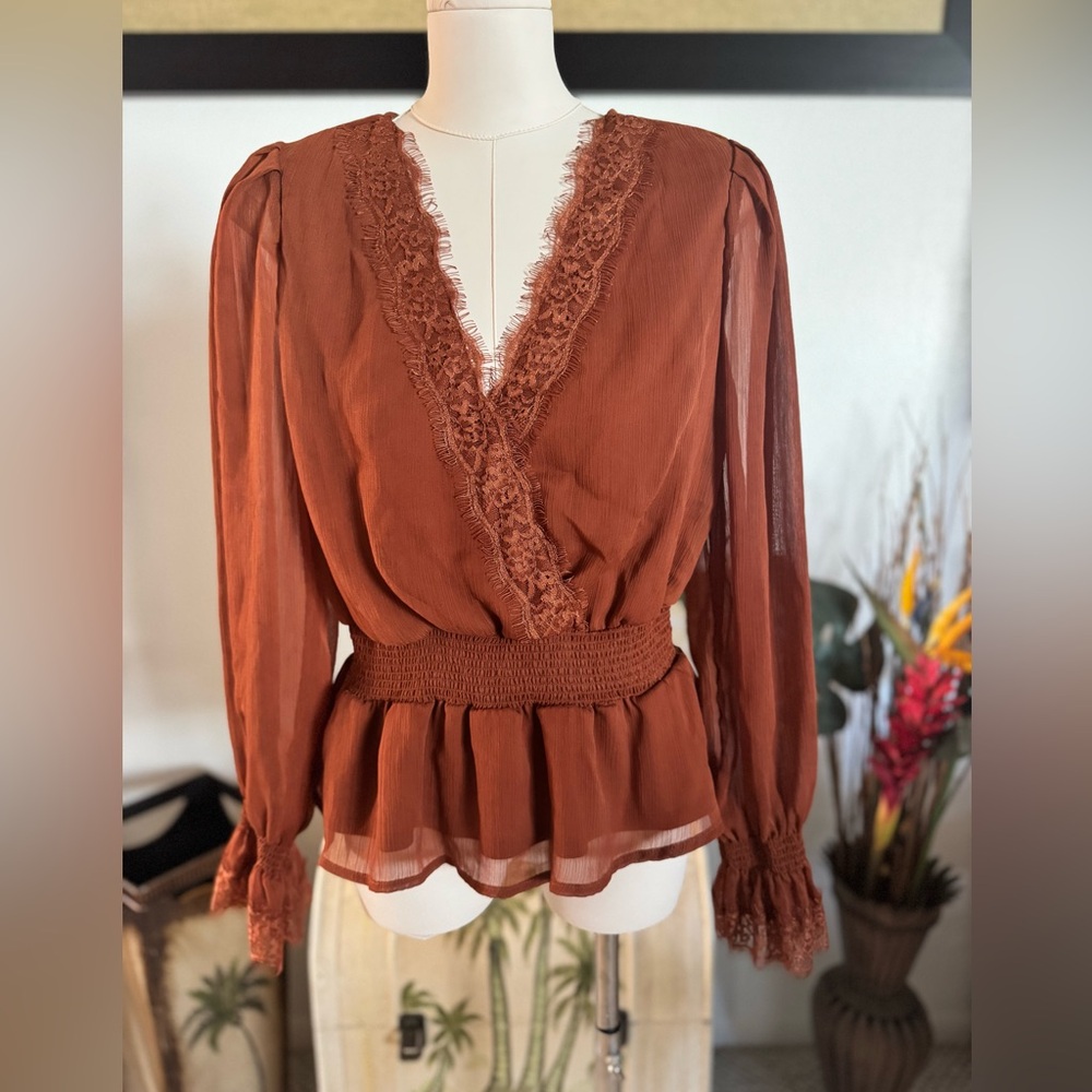 Selfe Burnt Orange Brown Womens Long Sleeve Lace Blouse Top Medium Elastic Waist